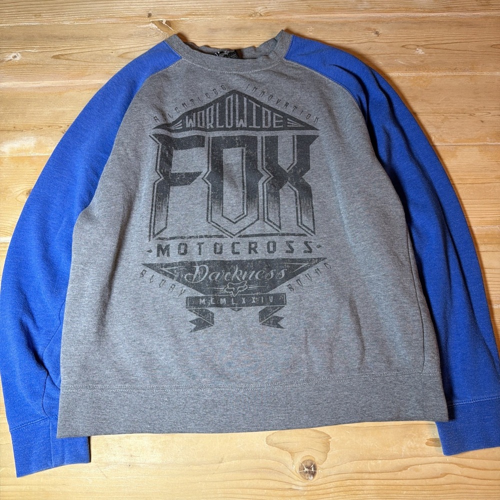 Vintage Fox Racing Motocross Pullover Sweatshirt Size Medium Grey Blue‎